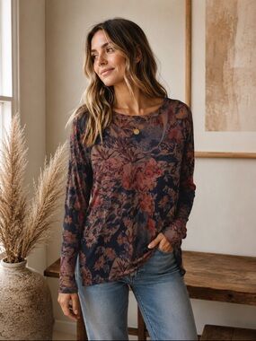Soft Surroundings Floral Cotton Long Sleeve Top Medium Brown Boho